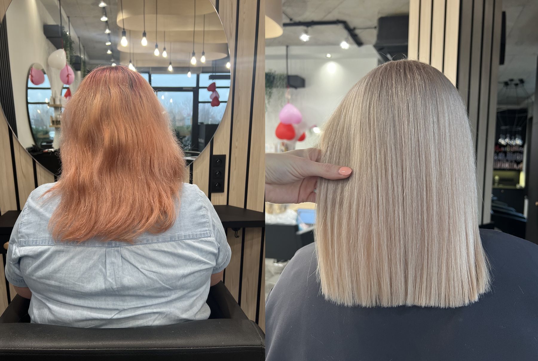 Metamorfoza włosów z miedzianego koloru do chłodnego blondu, przed i po