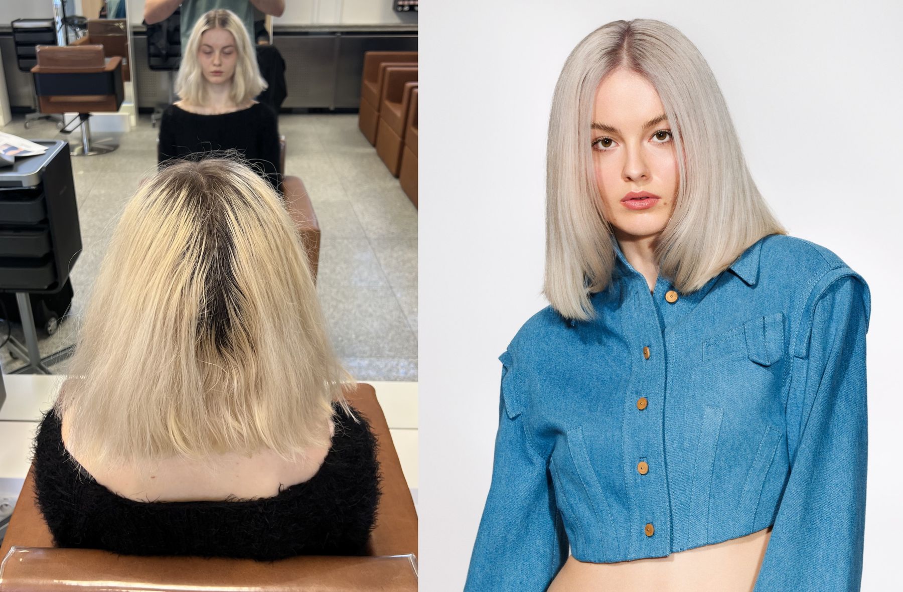 Metamorfoza blondu i fryzury do ramion, przed i po